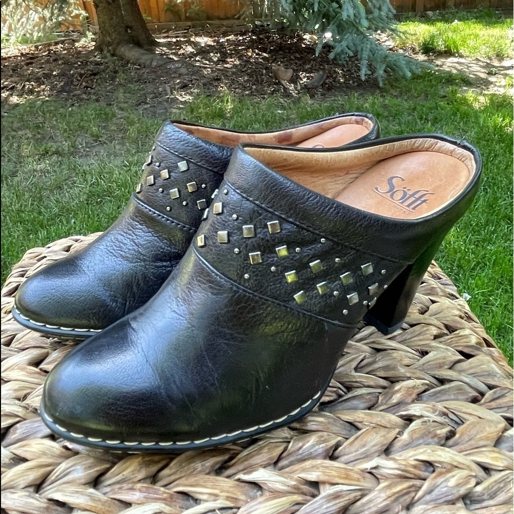 Sofft Black Leather Studded Mule slip on clog heel
